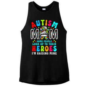 Autism Mom Raising Hero Groovy Messy Bun Autism Awareness Ladies PosiCharge Tri-Blend Wicking Tank