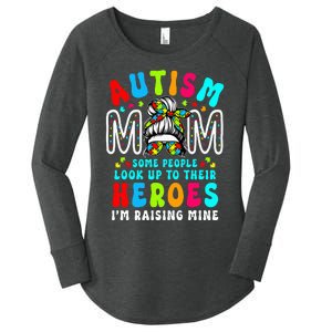 Autism Mom Raising Hero Groovy Messy Bun Autism Awareness Women's Perfect Tri Tunic Long Sleeve Shirt