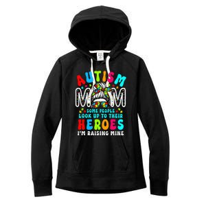 Autism Mom Raising Hero Groovy Messy Bun Autism Awareness Women's Fleece Hoodie