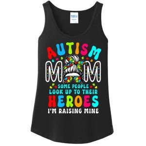 Autism Mom Raising Hero Groovy Messy Bun Autism Awareness Ladies Essential Tank