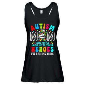 Autism Mom Raising Hero Groovy Messy Bun Autism Awareness Ladies Essential Flowy Tank