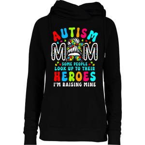 Autism Mom Raising Hero Groovy Messy Bun Autism Awareness Womens Funnel Neck Pullover Hood