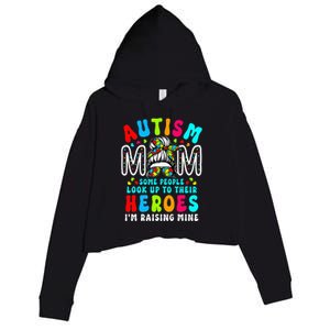 Autism Mom Raising Hero Groovy Messy Bun Autism Awareness Crop Fleece Hoodie