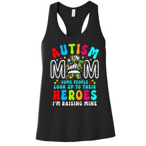 Autism Mom Raising Hero Groovy Messy Bun Autism Awareness Women's Racerback Tank