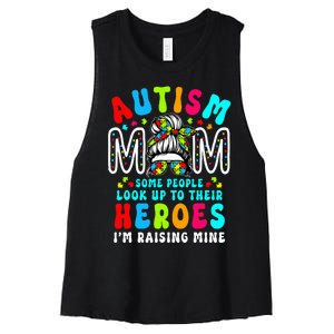 Autism Mom Raising Hero Groovy Messy Bun Autism Awareness Women's Racerback Cropped Tank