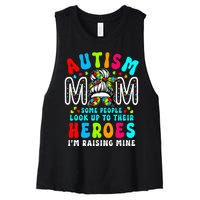 Autism Mom Raising Hero Groovy Messy Bun Autism Awareness Women's Racerback Cropped Tank