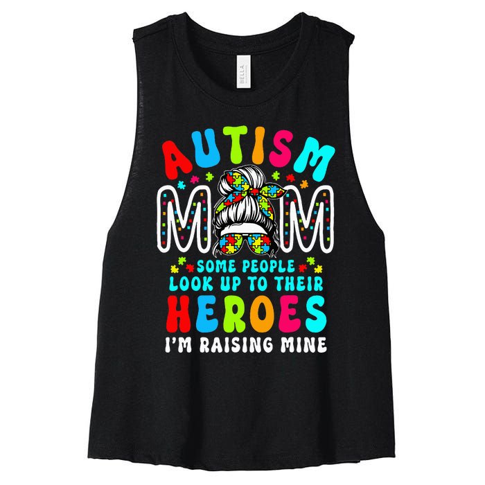 Autism Mom Raising Hero Groovy Messy Bun Autism Awareness Women's Racerback Cropped Tank