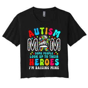 Autism Mom Raising Hero Groovy Messy Bun Autism Awareness Women's Crop Top Tee