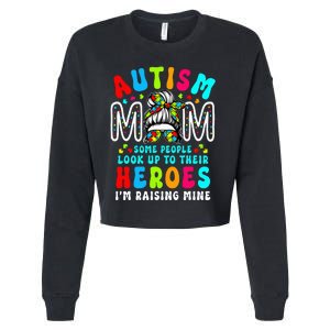 Autism Mom Raising Hero Groovy Messy Bun Autism Awareness Cropped Pullover Crew