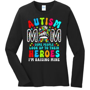 Autism Mom Raising Hero Groovy Messy Bun Autism Awareness Ladies Long Sleeve Shirt