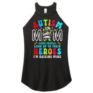 Autism Mom Raising Hero Groovy Messy Bun Autism Awareness Women's Perfect Tri Rocker Tank