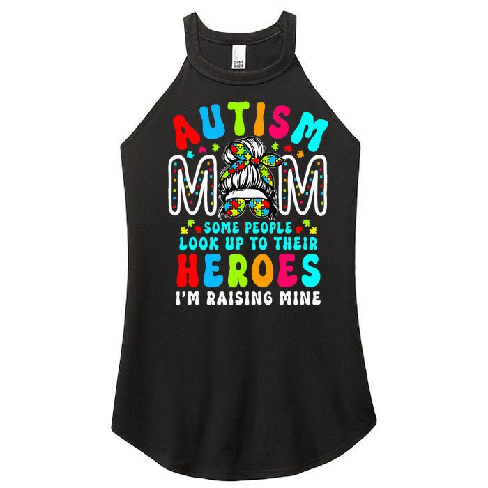 Autism Mom Raising Hero Groovy Messy Bun Autism Awareness Women's Perfect Tri Rocker Tank