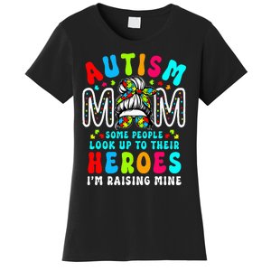 Autism Mom Raising Hero Groovy Messy Bun Autism Awareness Women's T-Shirt