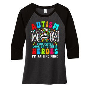 Autism Mom Raising Hero Groovy Messy Bun Autism Awareness Women's Tri-Blend 3/4-Sleeve Raglan Shirt