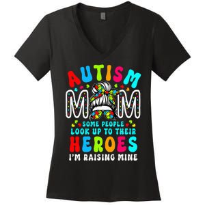 Autism Mom Raising Hero Groovy Messy Bun Autism Awareness Women's V-Neck T-Shirt