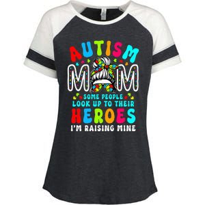 Autism Mom Raising Hero Groovy Messy Bun Autism Awareness Enza Ladies Jersey Colorblock Tee