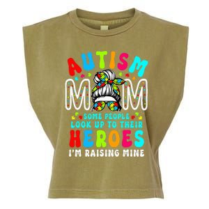 Autism Mom Raising Hero Groovy Messy Bun Autism Awareness Garment-Dyed Women's Muscle Tee