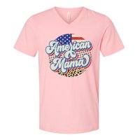 American Mama Retro 4Th Of July Leopard V-Neck T-Shirt