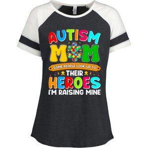 Autism Mom Raising Hero Puzzle Piece Autism Awareness Cool Gift Enza Ladies Jersey Colorblock Tee