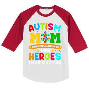 Autism Mom Raising Hero Puzzle Piece Autism Awareness Cool Gift Kids Colorblock Raglan Jersey