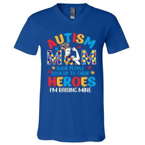 Autism Mom Raising Hero Unbreakable Mother Autism Awareness Gift V-Neck T-Shirt