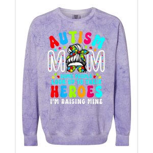 Autism Mom Raising Hero Groovy Messy Bun Autism Awareness Gift Colorblast Crewneck Sweatshirt