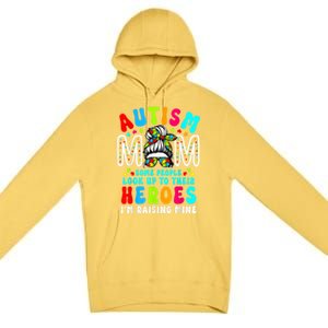 Autism Mom Raising Hero Groovy Messy Bun Autism Awareness Gift Premium Pullover Hoodie