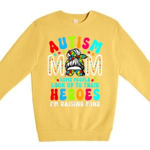 Autism Mom Raising Hero Groovy Messy Bun Autism Awareness Gift Premium Crewneck Sweatshirt