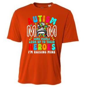 Autism Mom Raising Hero Groovy Messy Bun Autism Awareness Gift Cooling Performance Crew T-Shirt