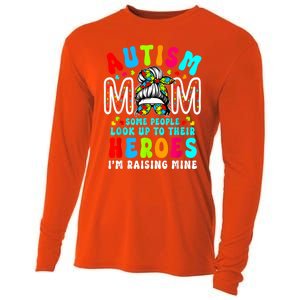 Autism Mom Raising Hero Groovy Messy Bun Autism Awareness Gift Cooling Performance Long Sleeve Crew