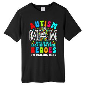 Autism Mom Raising Hero Groovy Messy Bun Autism Awareness Gift Tall Fusion ChromaSoft Performance T-Shirt