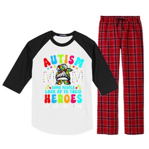 Autism Mom Raising Hero Groovy Messy Bun Autism Awareness Gift Raglan Sleeve Pajama Set