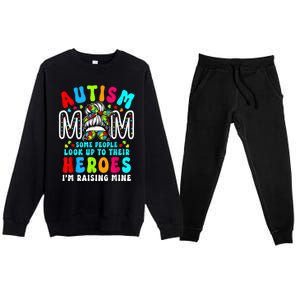 Autism Mom Raising Hero Groovy Messy Bun Autism Awareness Gift Premium Crewneck Sweatsuit Set