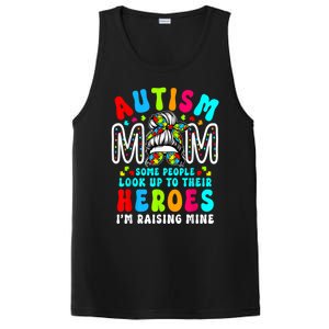 Autism Mom Raising Hero Groovy Messy Bun Autism Awareness Gift PosiCharge Competitor Tank