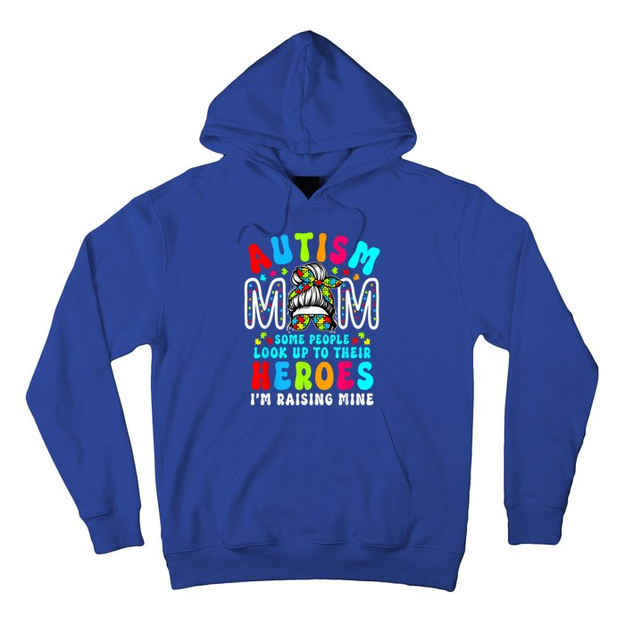 Autism Mom Raising Hero Groovy Messy Bun Autism Awareness Gift Hoodie