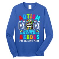 Autism Mom Raising Hero Groovy Messy Bun Autism Awareness Gift Long Sleeve Shirt