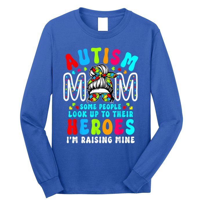 Autism Mom Raising Hero Groovy Messy Bun Autism Awareness Gift Long Sleeve Shirt