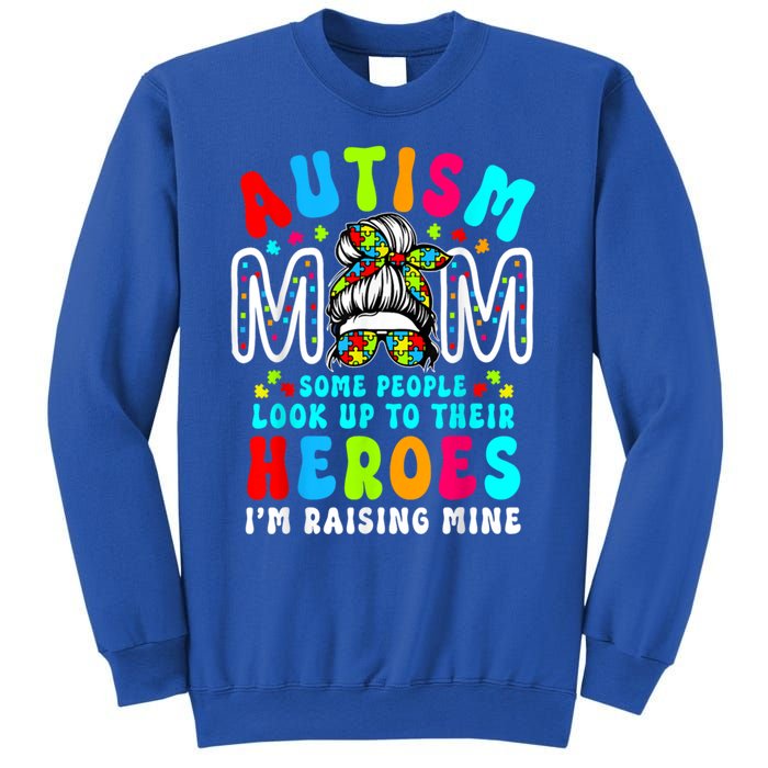 Autism Mom Raising Hero Groovy Messy Bun Autism Awareness Gift Sweatshirt