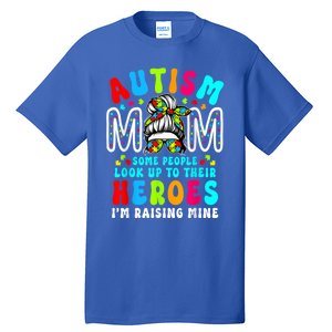 Autism Mom Raising Hero Groovy Messy Bun Autism Awareness Gift Tall T-Shirt