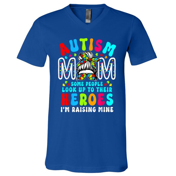 Autism Mom Raising Hero Groovy Messy Bun Autism Awareness Gift V-Neck T-Shirt