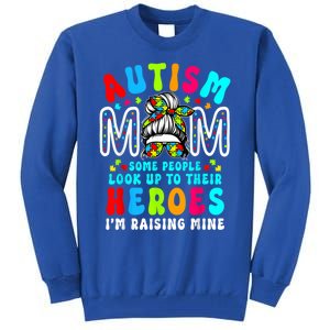 Autism Mom Raising Hero Groovy Messy Bun Autism Awareness Gift Tall Sweatshirt