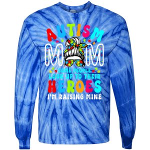 Autism Mom Raising Hero Groovy Messy Bun Autism Awareness Gift Tie-Dye Long Sleeve Shirt