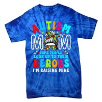 Autism Mom Raising Hero Groovy Messy Bun Autism Awareness Gift Tie-Dye T-Shirt