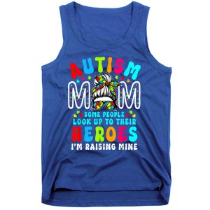 Autism Mom Raising Hero Groovy Messy Bun Autism Awareness Gift Tank Top