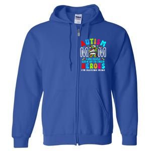 Autism Mom Raising Hero Groovy Messy Bun Autism Awareness Gift Full Zip Hoodie