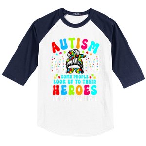 Autism Mom Raising Hero Groovy Messy Bun Autism Awareness Gift Baseball Sleeve Shirt