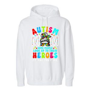 Autism Mom Raising Hero Groovy Messy Bun Autism Awareness Gift Garment-Dyed Fleece Hoodie