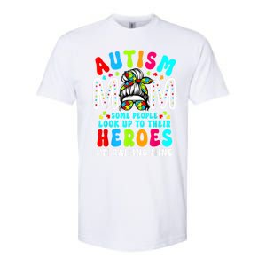 Autism Mom Raising Hero Groovy Messy Bun Autism Awareness Gift Softstyle CVC T-Shirt