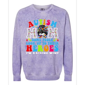 Autism Mom Raising Hero Groovy Messy Bun Autism Awareness Gift Colorblast Crewneck Sweatshirt