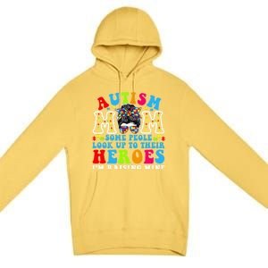 Autism Mom Raising Hero Groovy Messy Bun Autism Awareness Gift Premium Pullover Hoodie